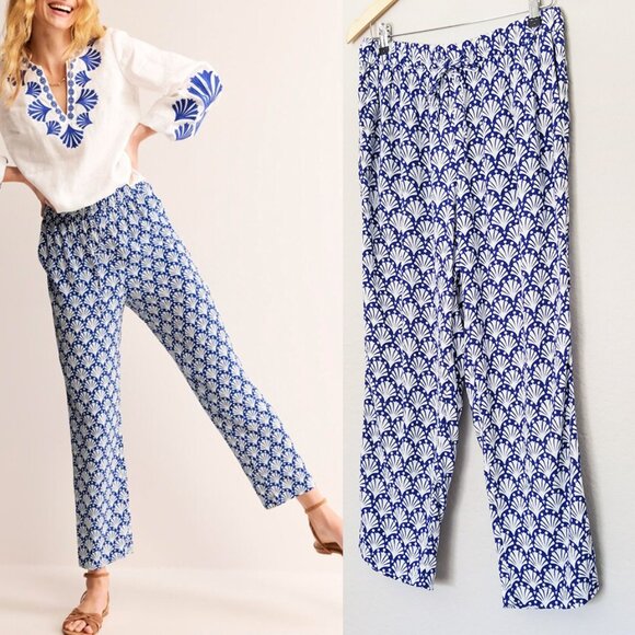 Boden Shells Print Crinkle Tapered Trousers Pants 8 Blue White Pull On Beach $98 - Picture 3 of 16